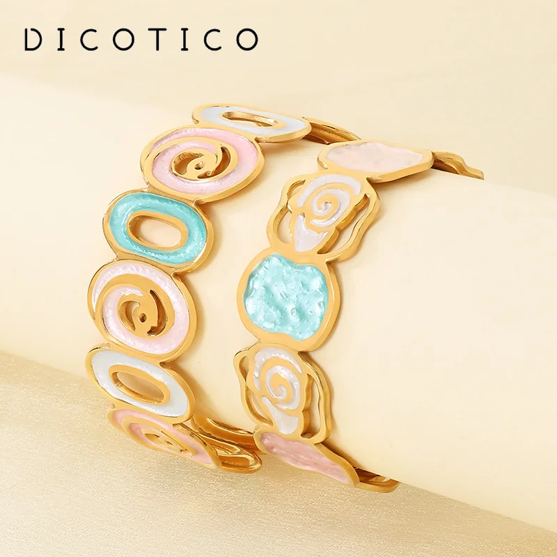 Exquisite Women’s Stainless Steel Cuff Bracelet Pastel Pink Blue White Enamel Abstract Spiral Geometric Sweet Fresh Jewelry