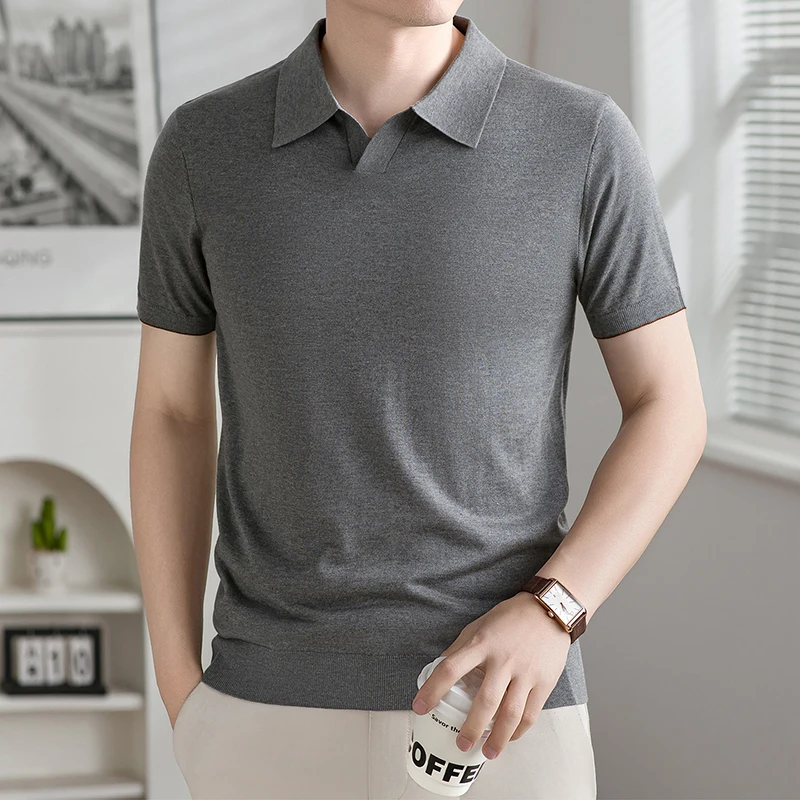

Summer new men's 100% Lyocell polo collar solid color T-shirt knitted pullover, business casual short sleeved thin top T-shirt