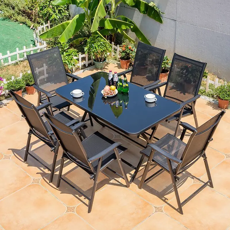 Portable Tropical Outdoor Furniture Set For Summer Time Folding Metal Umbrella Table 6 Chairs For Hotels Villas