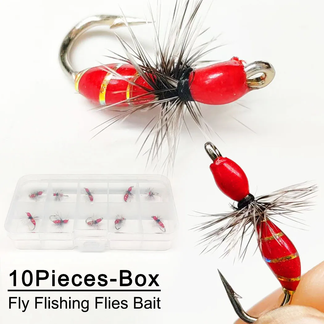 10 Stück Trockenfliegen, künstlicher Köder, Fliegenfischen, roter Griffith, Ameisenperymphenköder für Forellen-/Karpfenangeln, künstlich (mit Fliegenbox)