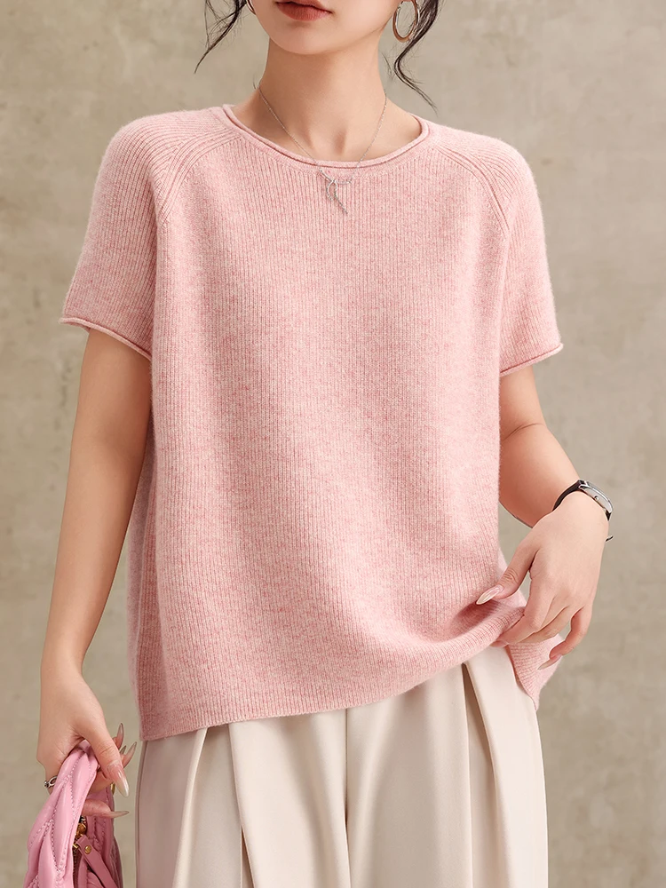 

Chic Casual Women's Clothing Short Sleeve Pullover Spring Summer 100% Merino Wool Knitwear O-Neck Sweater Solid Color Grace Top