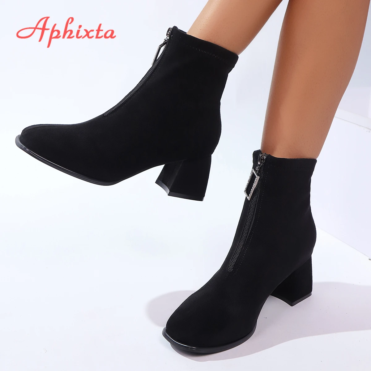 

Aphixta Crystal Buckle Zipper Ankle Boots Women Big Size 43 Cow Suede Black Round Toe Heels Shoes 6cm High Heel Ankle Boot Woman