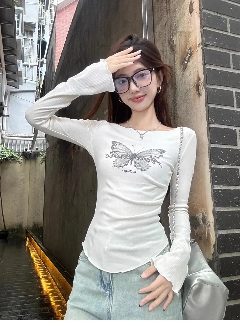 

Golden Ling Official Graphic Long Sleeve T-Shirt Slimming Butterfly Print Spandex Top Waist-Length Smooths Your Silhouette