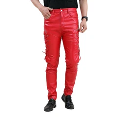 Fashion Skinny Leather Pants Faux Red Joggers Motorcycle Party NightClub Trousers For Men With Strings