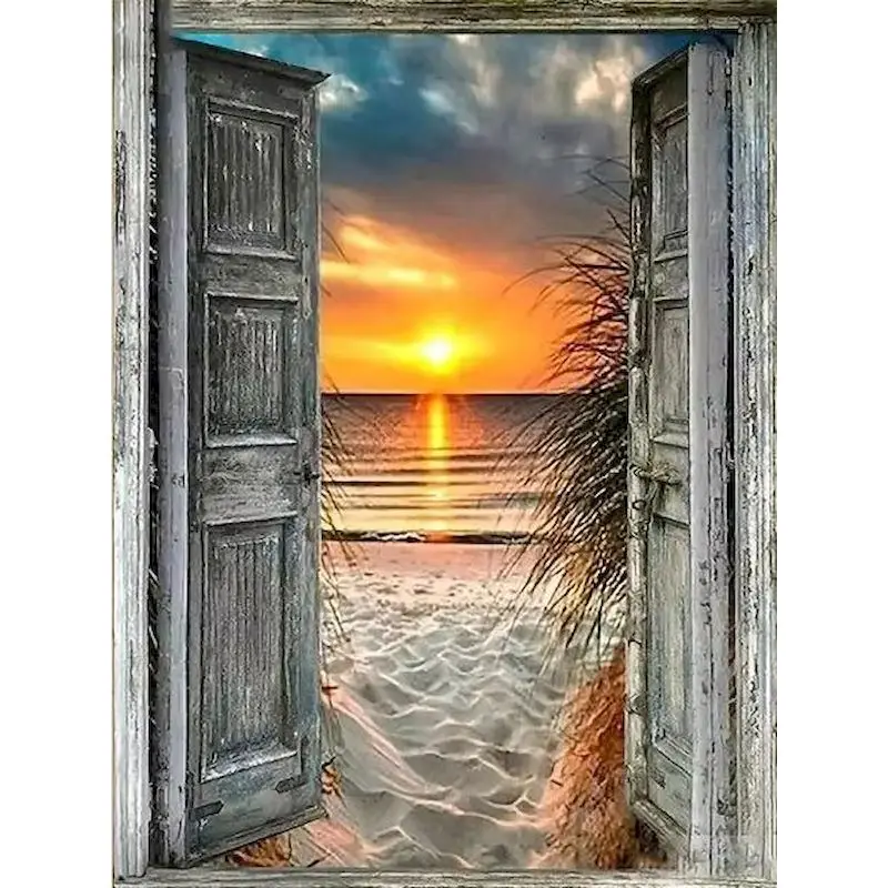 GATYZTORY New DIY Handmade Diamond Painting Round Diamond Full Diamond Living Room Bedroom Painting Door Leading To The Sea Fram