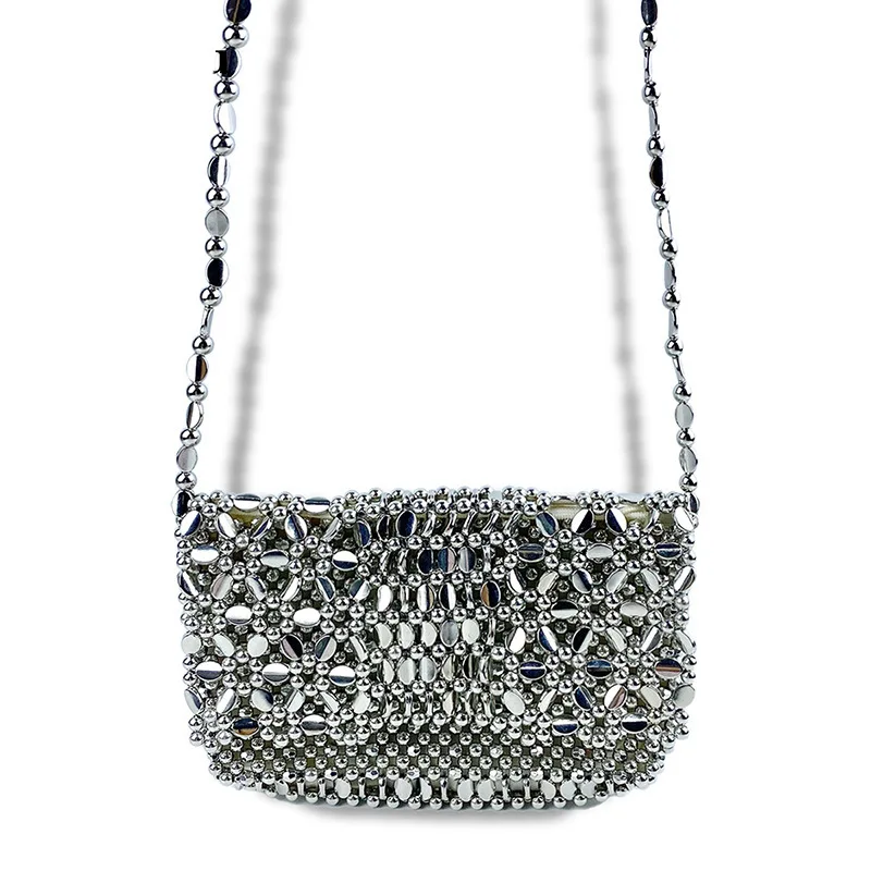 Hollow Out Design Metal Silver Acrylic Flower Beaded Crossbody Bag Women Hand-woven Small Evening Bag Dinner Party Clutch Purse
