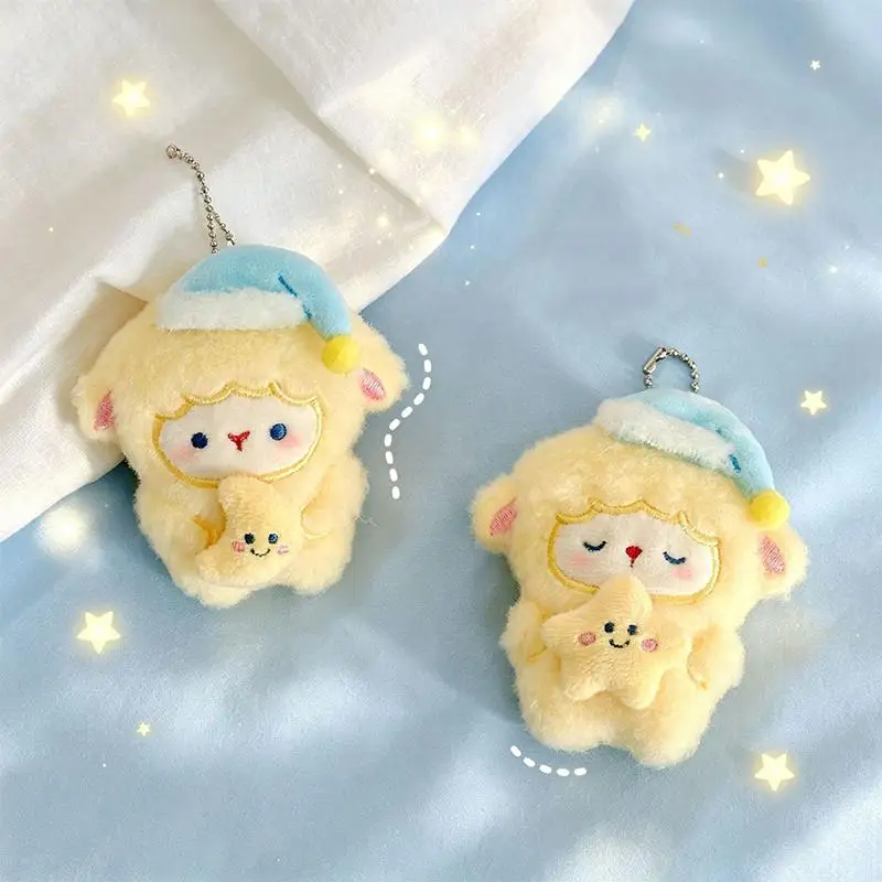 Cute Fluffy Lamb Plush Keychain With Sleep Hat Star Moon Decoration Lovely Key Charm for Kids Birthday Favor