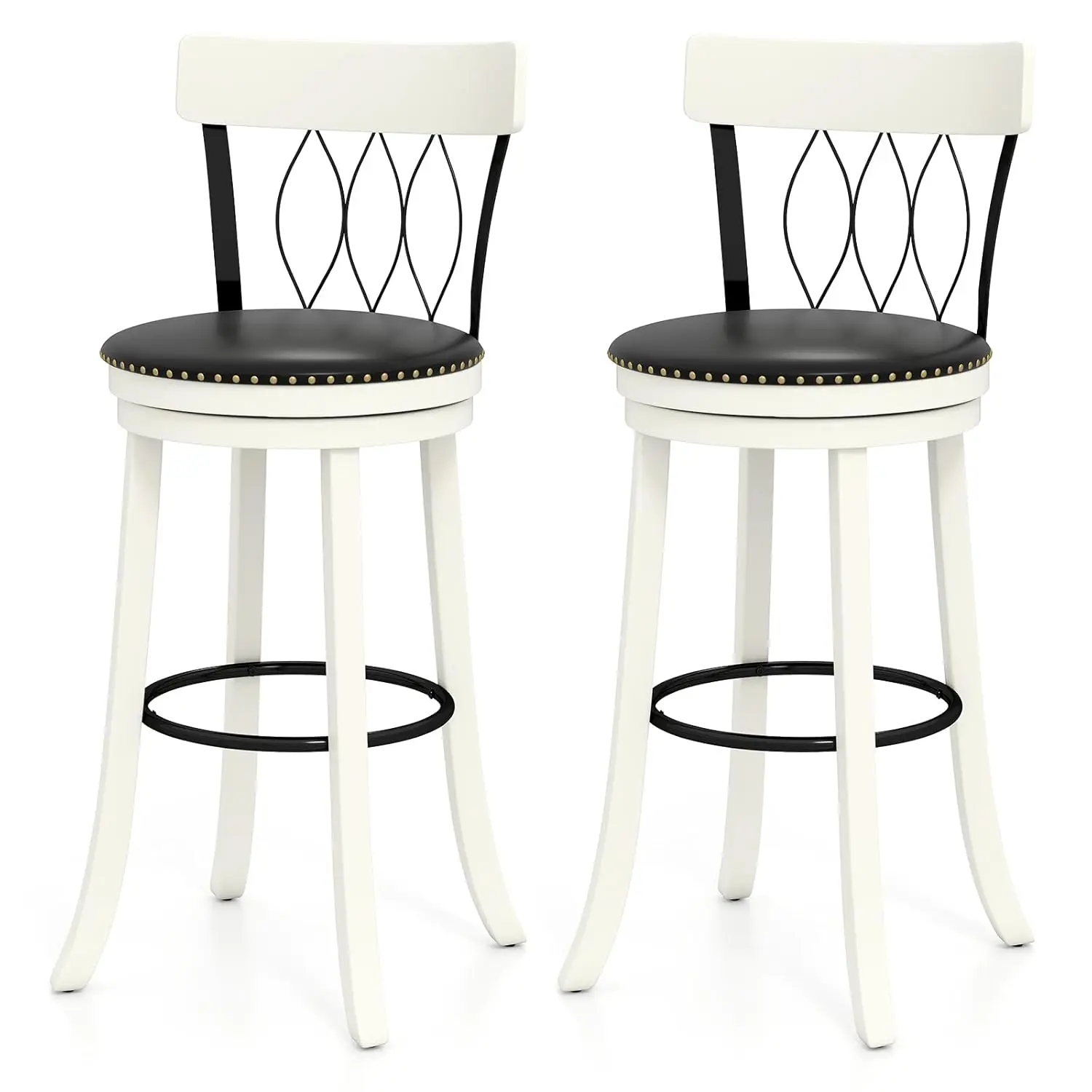 

Набор из 2 барных стульев, высота сиденья 30 дюймов, вращающиеся барные стулья с эргономичной спинкой, мягкой подушкой и подставкой для ног, из каучукового дерева, на заказ