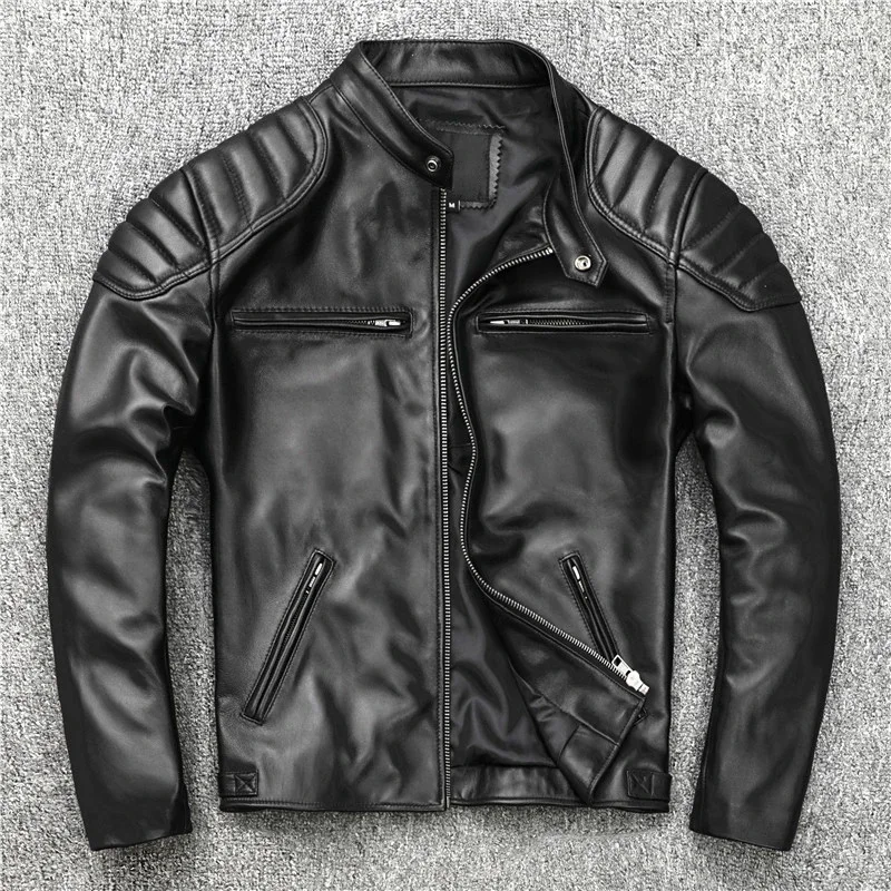 

New 2024 Fashion Spring Sheepskin Genuine Leather Jacket Men Motorcycle Biker Natural Calfskinvintage Slim Short Coat