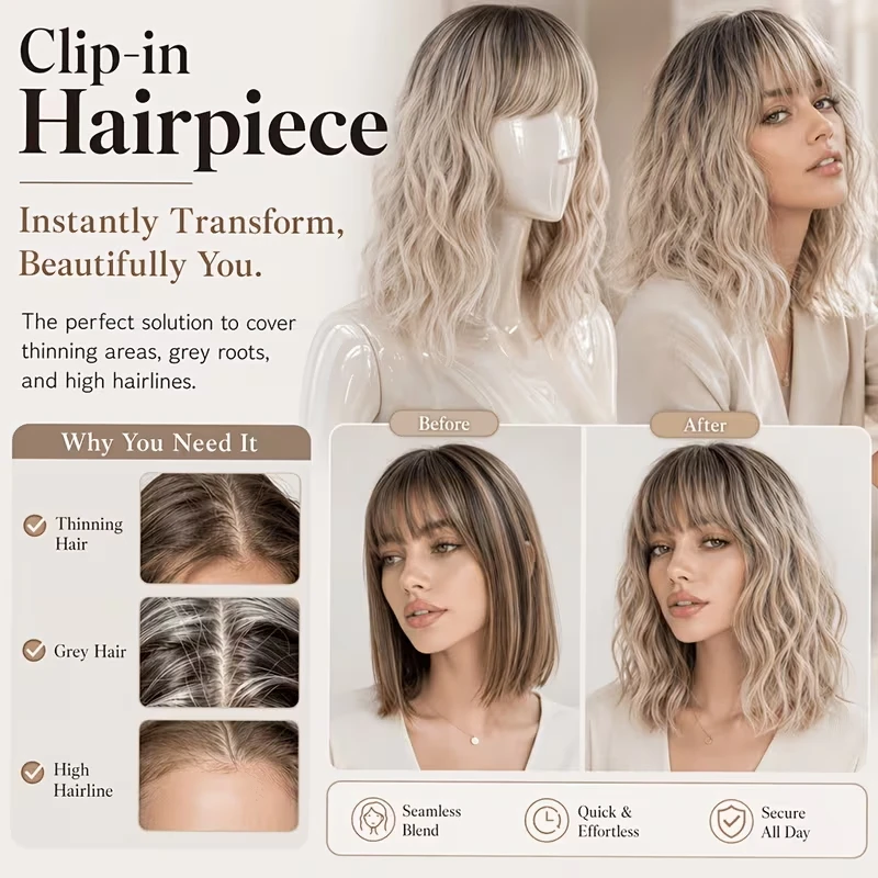 Toupee de Cabello Sintético Corto Ondulado Bob de 14 Pulgadas con Clip, Cubre el Cuero Cabelludo para Cabello Delgado, Uso Diario 6