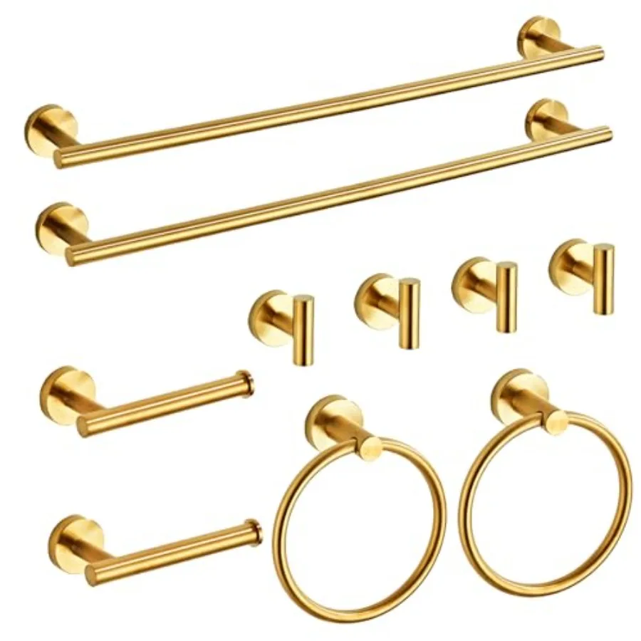 

Brushed Gold Bathroom Hardware Set 10 Piece with Towel Racks for Bathroom SUS304 Stainless Steel Bath Towel Bar Set 24 Inch Wal