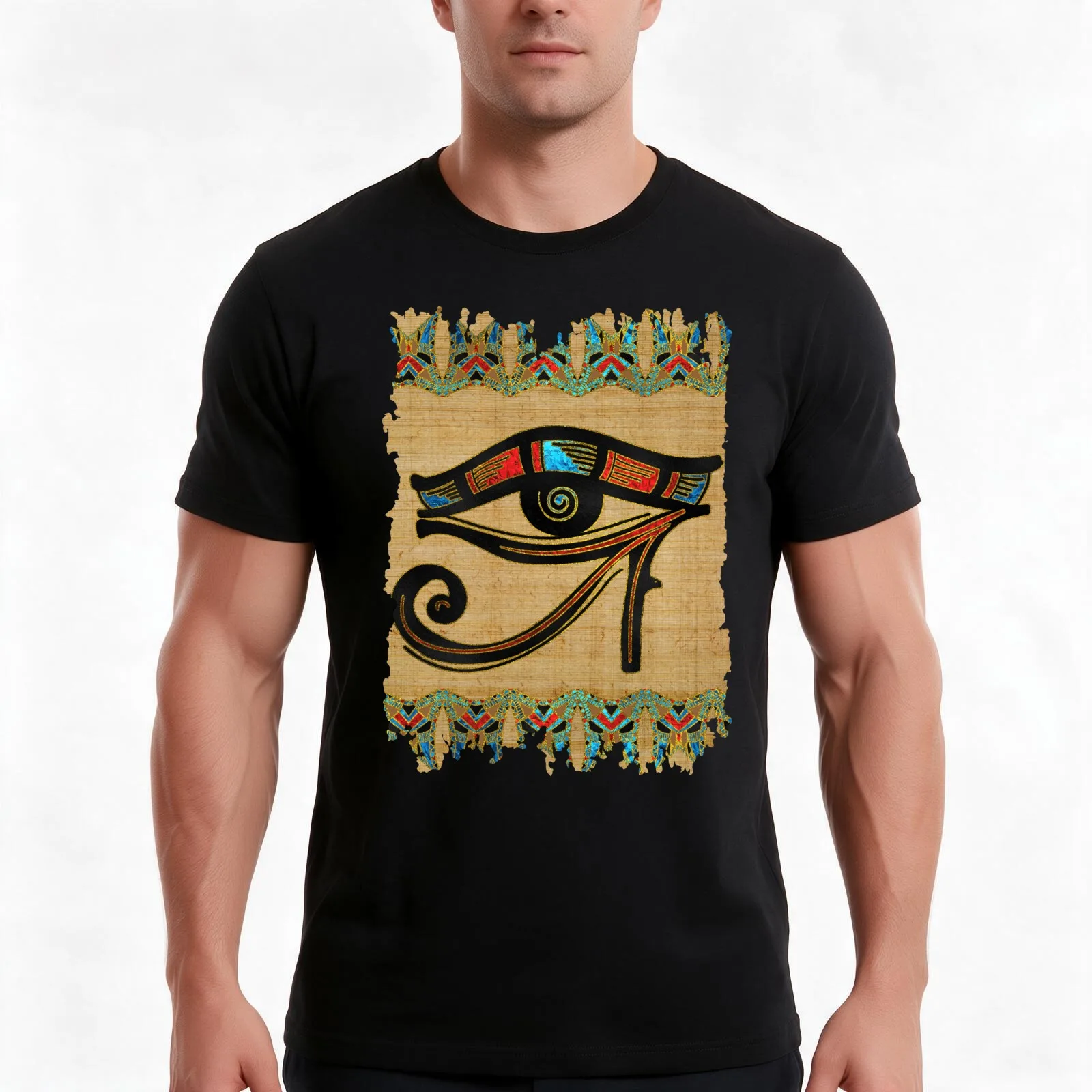 Egyptian Eye of Horus Ornament on papyrus T-Shirt Summer Casual Cotton Tee Oversized Streetwear Tops Vintage Graphic Print