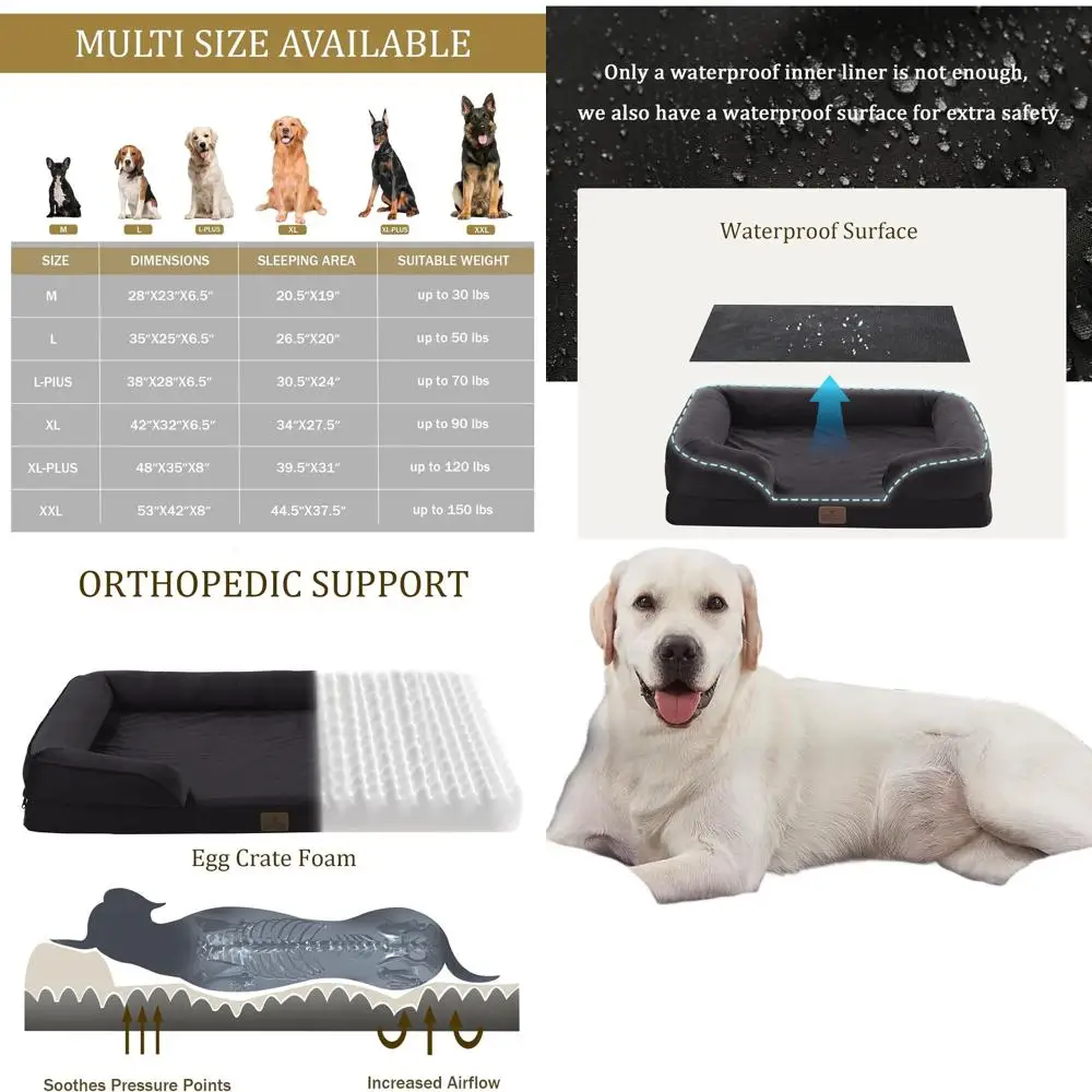 

Очень большая ортопедическая кровать для собак, водонепроницаемый диван XL со съемным чехлом и противоскользящим основанием, черный