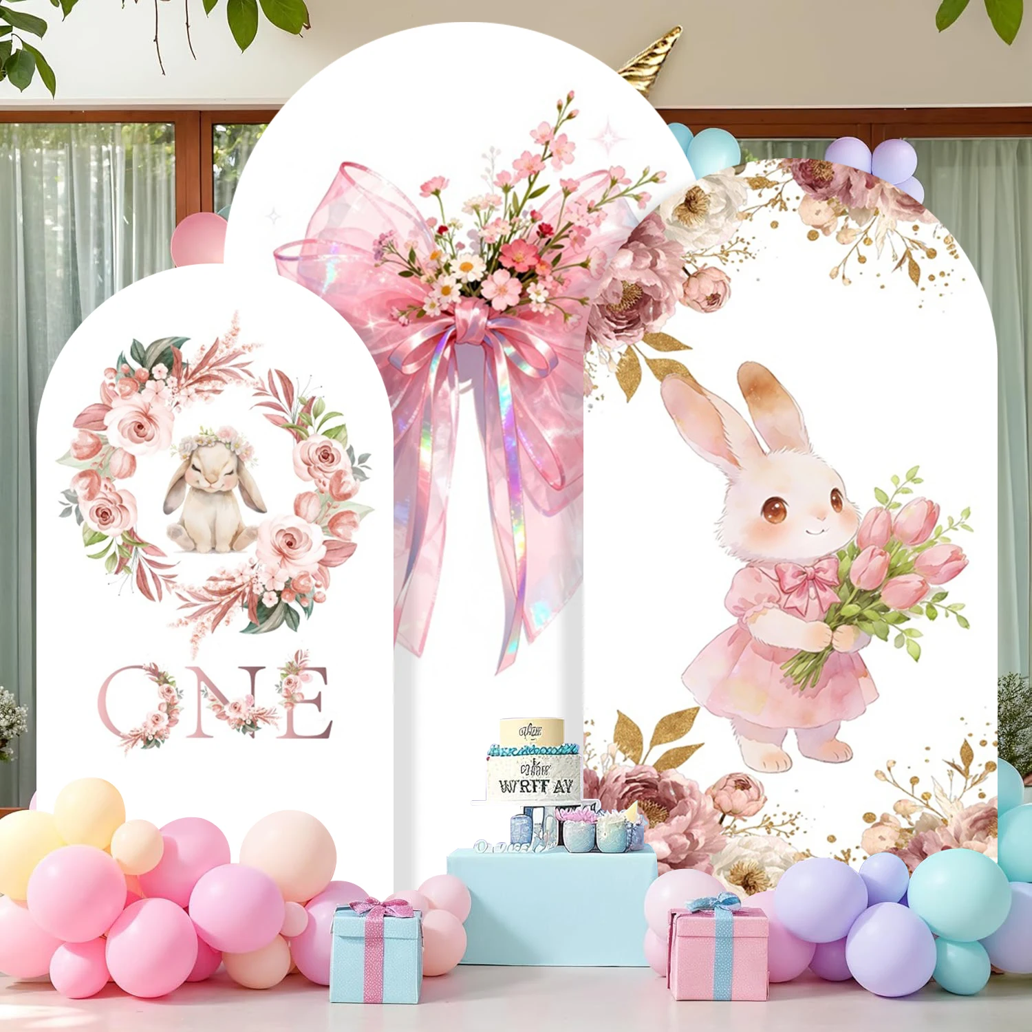 

Пасхальный кролик, арочный фон, весенние цветы, розовый бант, детский душ для девочек, декор для вечеринки в честь первого дня рождения, фотофон