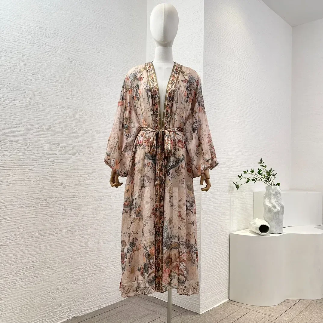 

Coral Pink Animal Floral Print High Quality 2024 Pure Silk Loose Waist Long Sleeve Diamonds Pressed Deep V-Neck Midi Wrap Dress