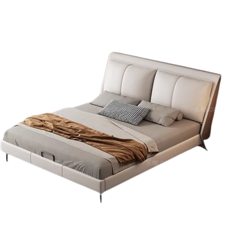 Italian Minimalist Bed Leather Modern Luxury Bed Solid Wood Headboard Double Cama De Lujo Para Dormitorio Bedroom Furniture