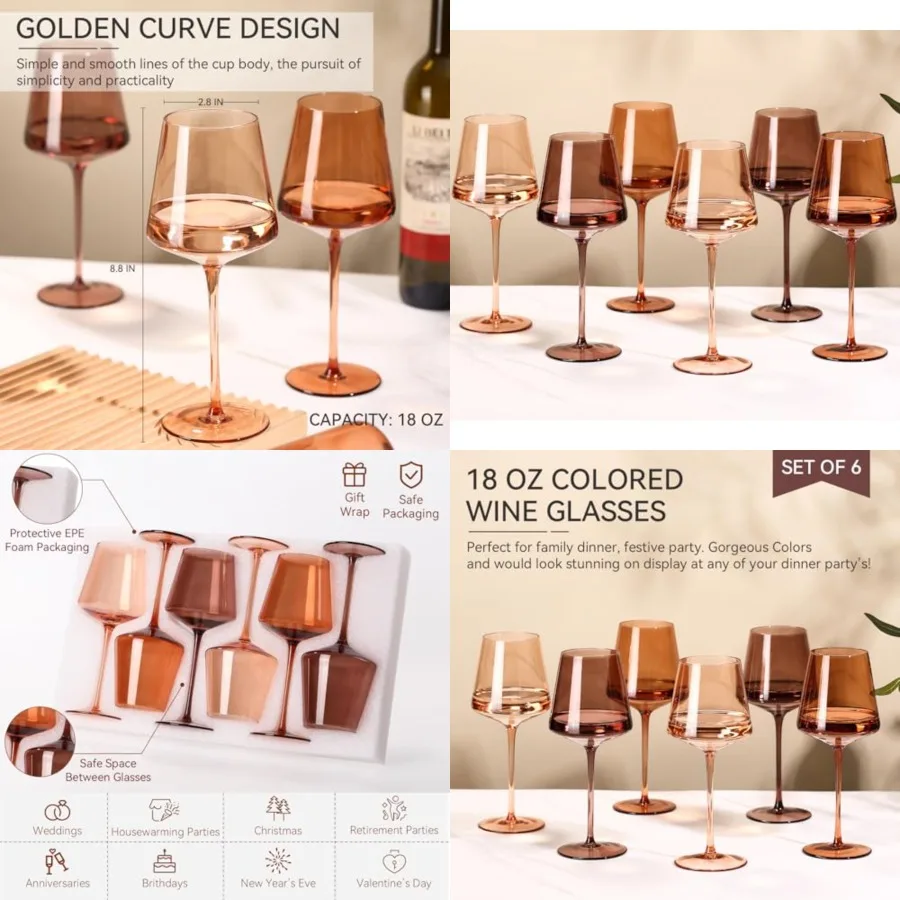 

Wine Glasses Set of 6-18ozHand Blown Crystal Amber Stemmed Venus Wine Glasses- Wine Glass set for Fall Autumn Winter Wine Dinne