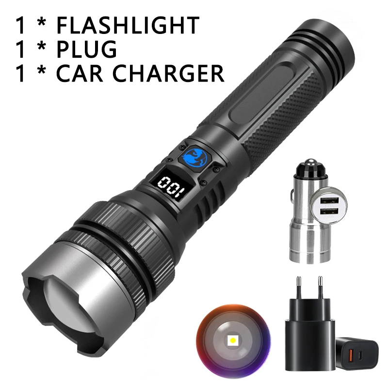 900000 LM Leistungsstarke LED-Taschenlampe, Zoom-Taschenlampe mit Digitalanzeige, tragbare wiederaufladbare Typ-C-Taschenlampen für Camping, Wandern
