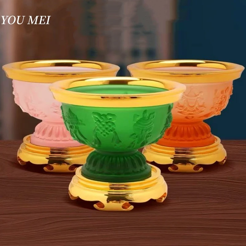 

Tibetan Eight Auspicious Symbols Carved Glass Holy Altars Bowl,Tantric Indoor Desktop Water Cup,11 cm Sacred Bowl Buddhist Item