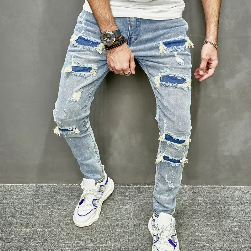 Distressed Ripped Jeans Men Denim Holes Jean Spliced Zipper Fly Mid Waist Washed Skinny Flat Patchwork Pockets Ankle Length 2026