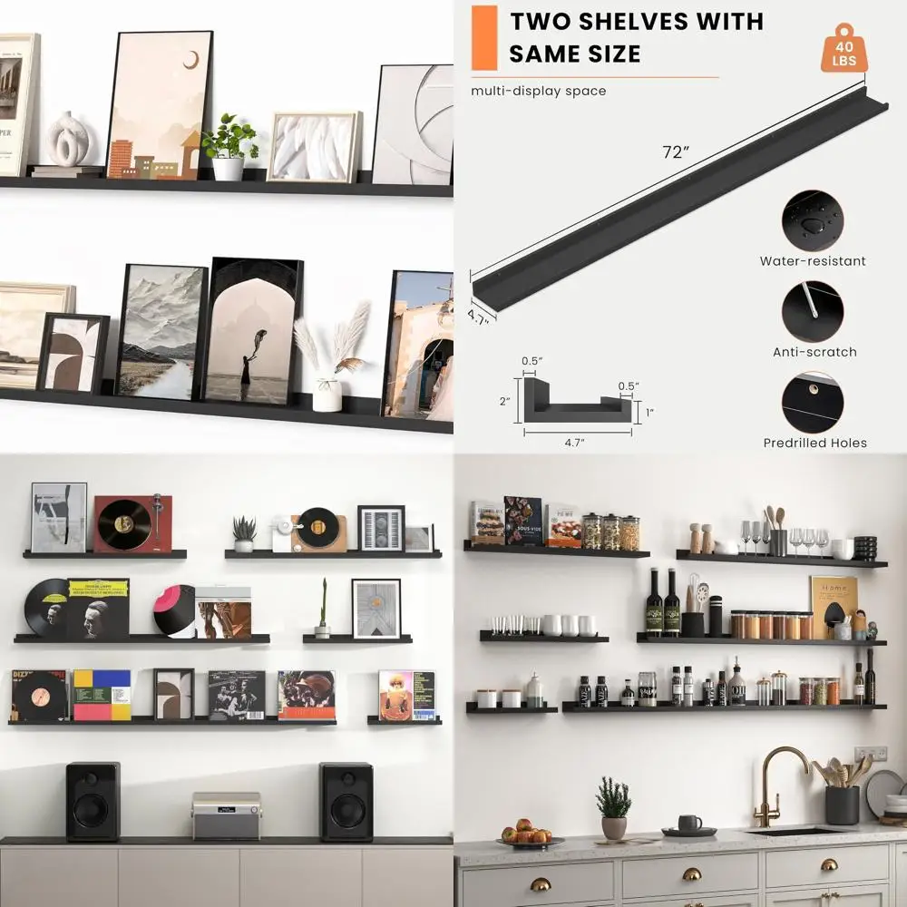 

72 Wall-Mounted Picture Ledge Shelf Set, 2-Piece, Large for Living Room, Bedroom, Kids' Books & Decor, Black