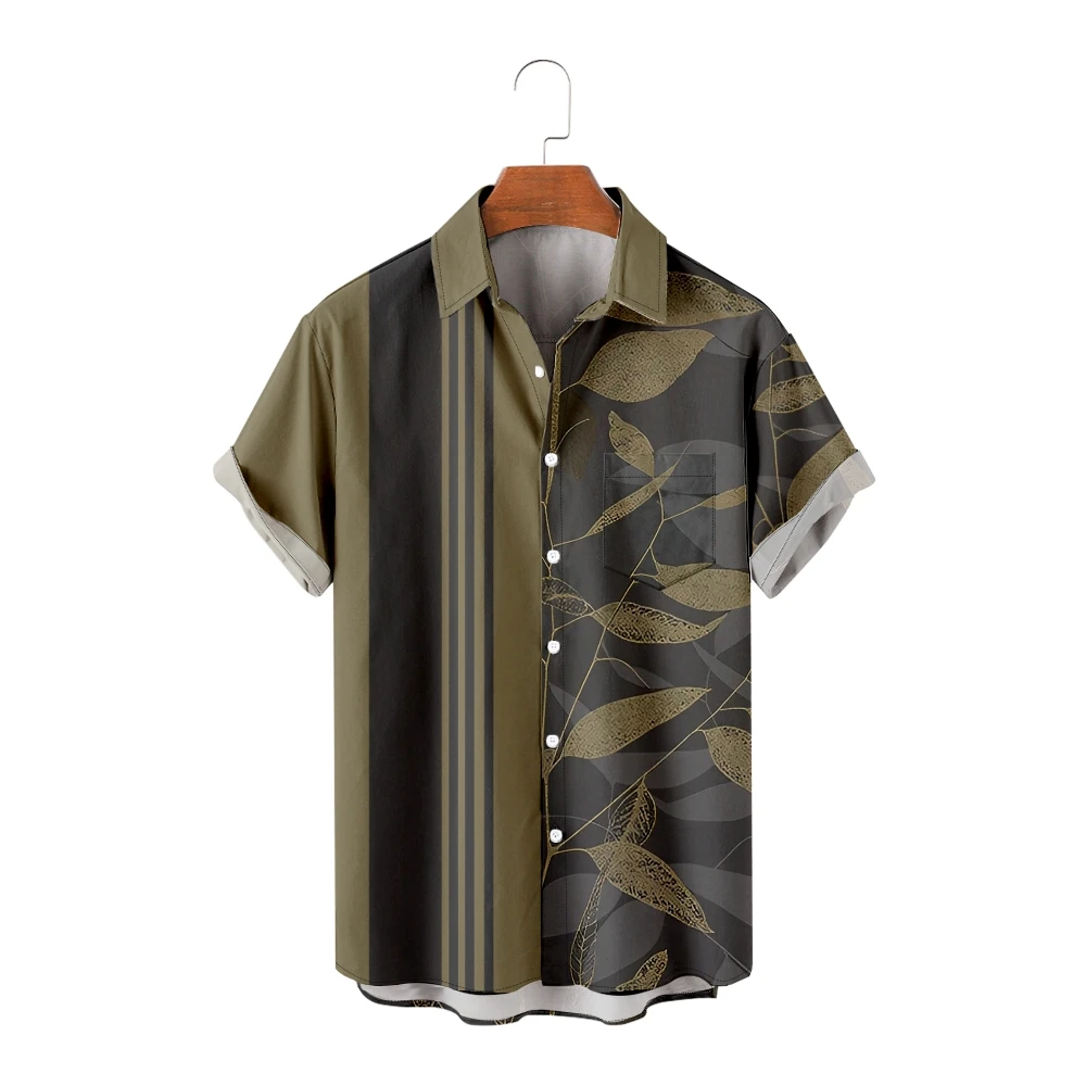 

Men's Casual Shirts Patchwork Leaves and Stripes Short Sleeve Shirts Cool Summer Tops Vintage Breathable