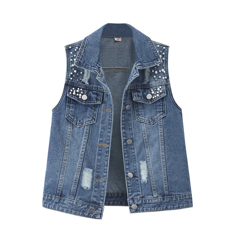 

S-5XL Fashion Beading Pearls Women Denim Vest Turn Down Collar Single Breasted Jean Waistcoat Spring Autumn Female Jackets