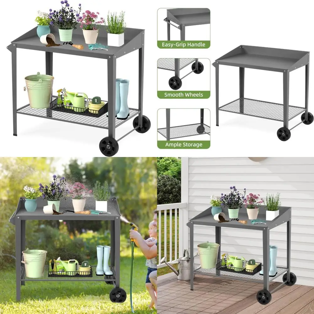 

Sturdy Outdoor Metal Garden Workbench with Wheels and Storage Shelf (Dark Gray, 36x38.8)