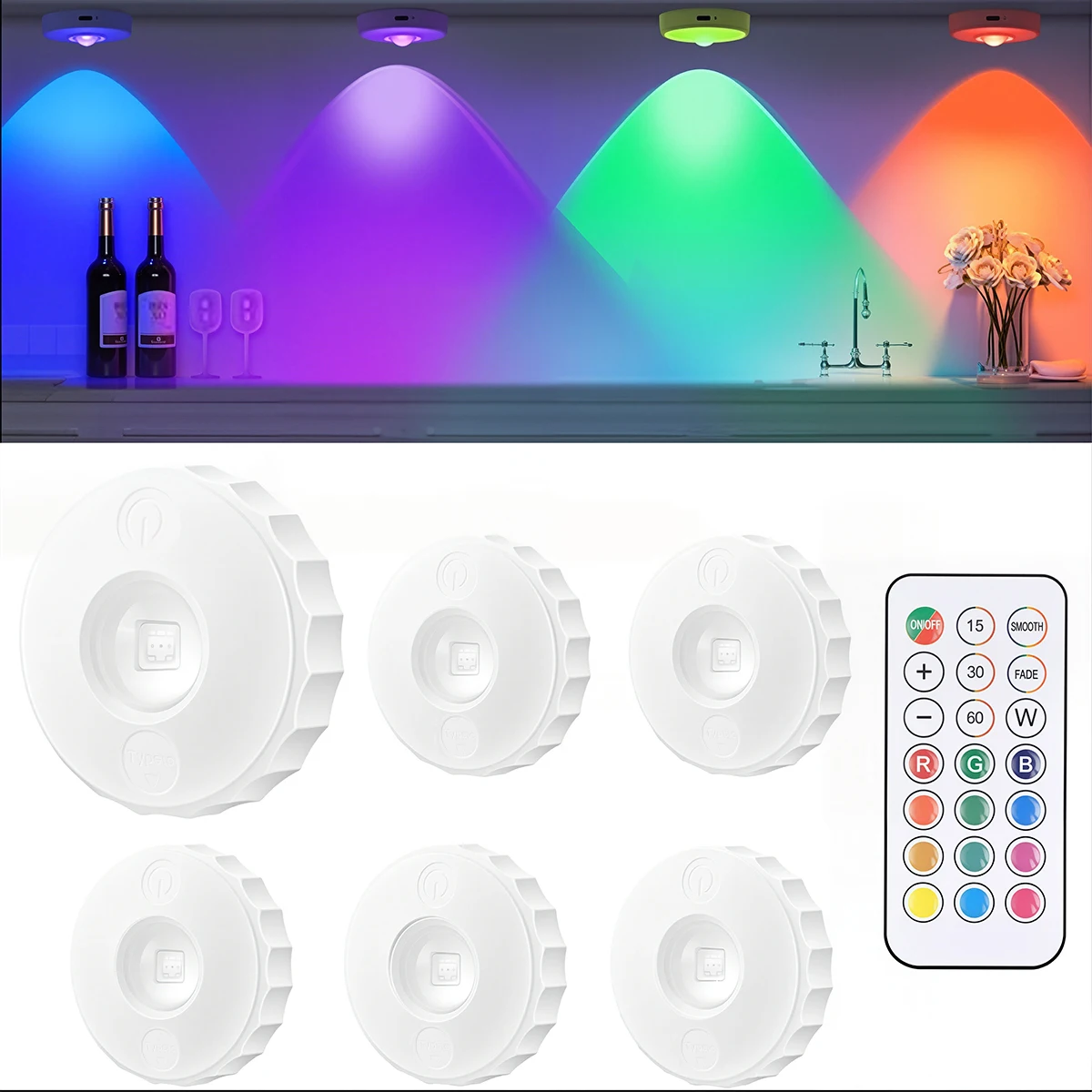 

RGB LED Under Cabinet Light USB Rechargeable Dimmable Wine Cabinet Light with Remote control for Bedroom Living Room Night Light