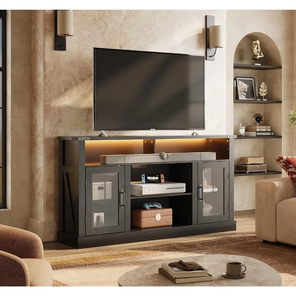 

TV Stand for 65 Inch TV, Tall Entertainment Center with LED Lights, Mid Century Modern TV Console with Open Shelves and Glass
