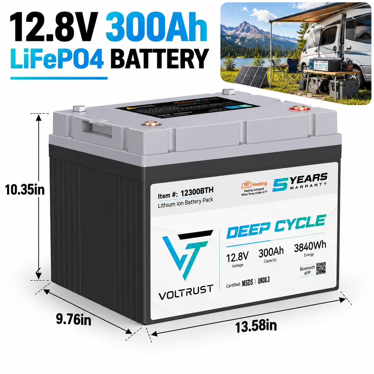 12.8V 300Ah lithium iron phosphate battery with built-in BMS A+battery cell and Bluetooth APP, suitable for RV, home backup power supply, solar energy system, ship, backup UPS, farm power supply
