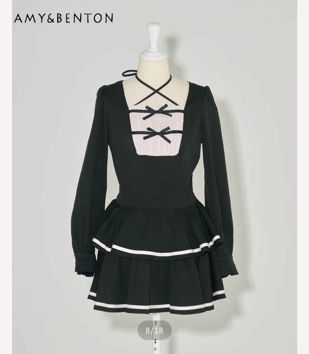 

Japanese Elegant Sweet Evening Dresses Sweet Bowknot Halter Neck Long Sleeve Slim Fit Multi-layer Mini Dress Cute A-line Dress