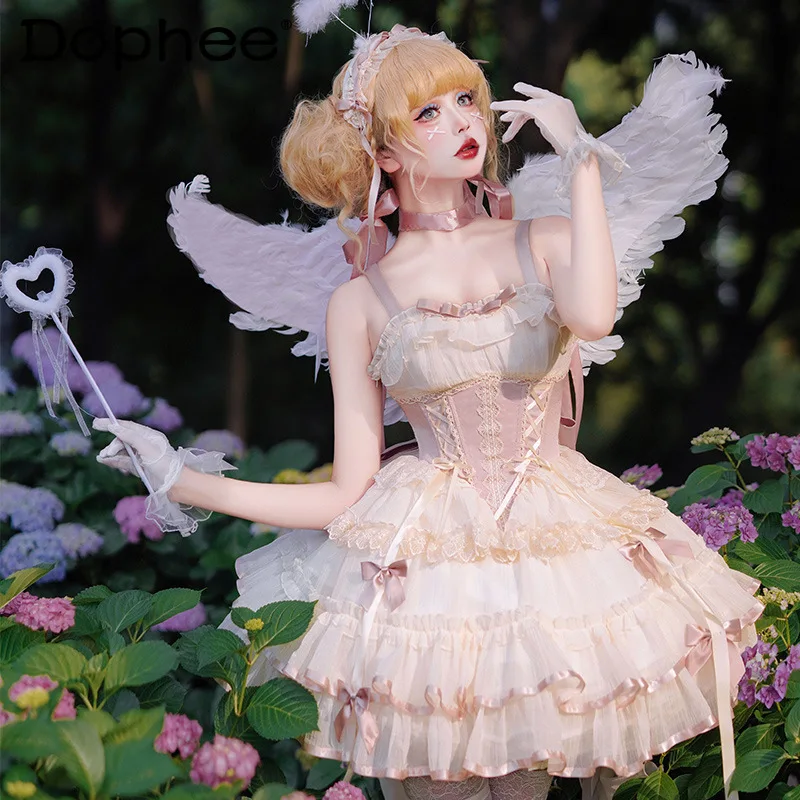 

Lolita Original Design Dog Short Ballet Dress JSK Ribbon Cross Design Bow Trailing Dress Women 2025 Summer New Japanese Dress