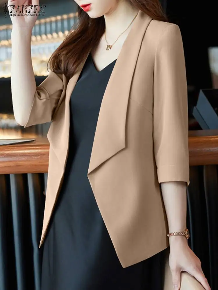 ZANZEA Elegant Women OL Work Blazer Spring Lapel Neck 3/4 Sleeve Suits Jackets Fashion Solid Office Wear Open Front Cardigan