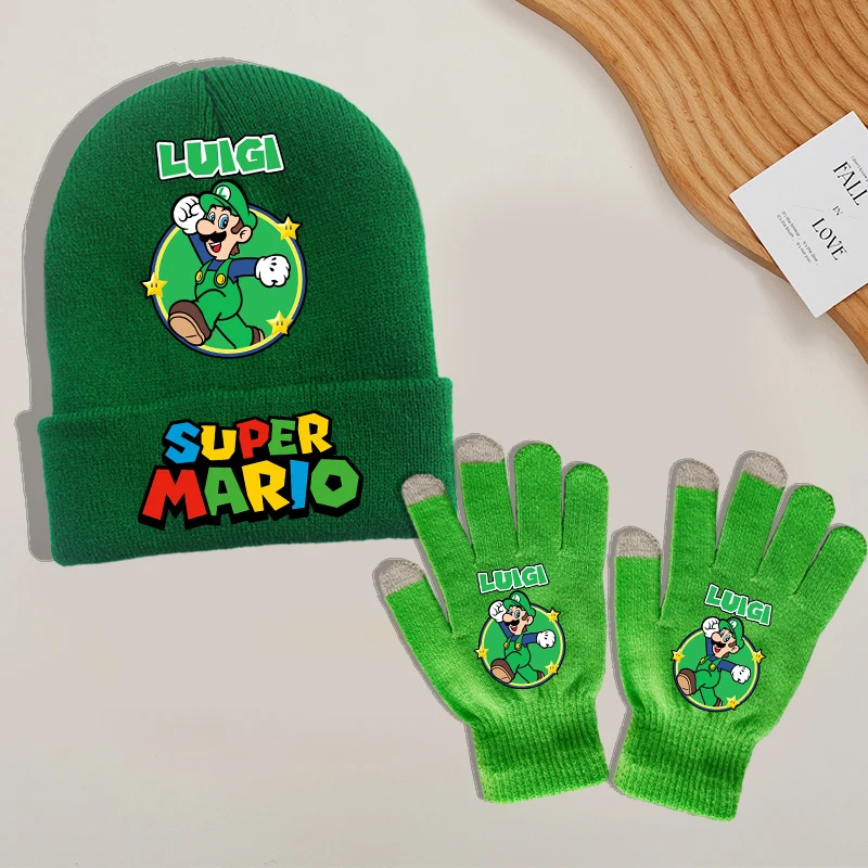 Super Mario Bro Handschuhe Strickmütze Anzug für Jungen Mädchen Anime Cartoon Niedliche Strickmützen Fäustlinge Set Kinder Winter Warme Accessoires