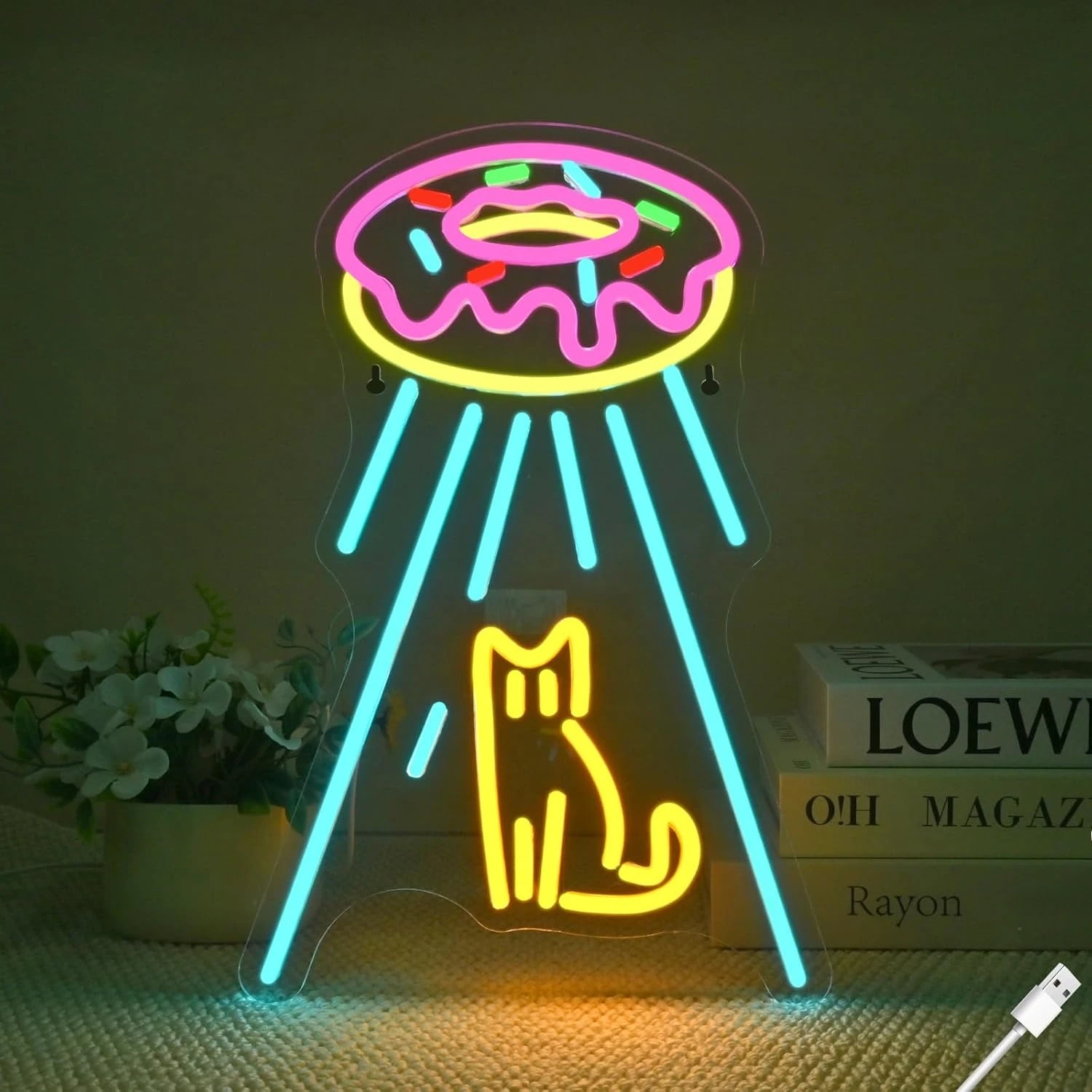 

Donut UFO Cat Neon Sign Dimmable Wall Lights for Donut Shop Bedroom Hotel Cafe Game Room Decor Electronic Art Draw Birthday Gift