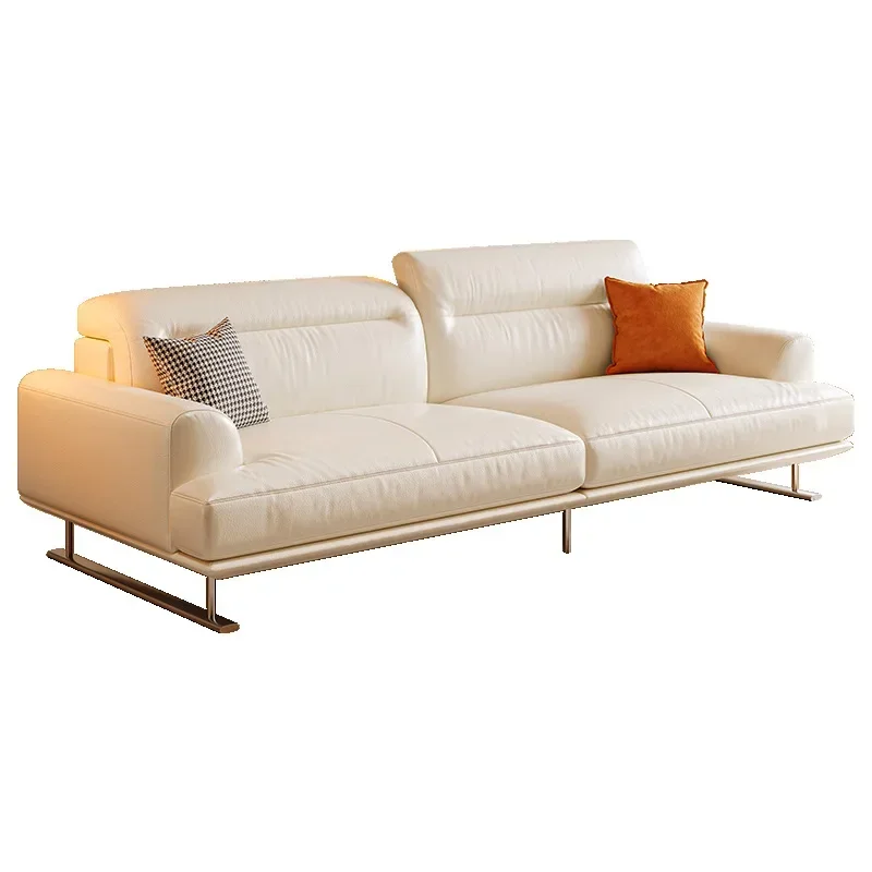 

French small apartment living room retro white big white sofa multi-gear adjustable headrest leather sofa