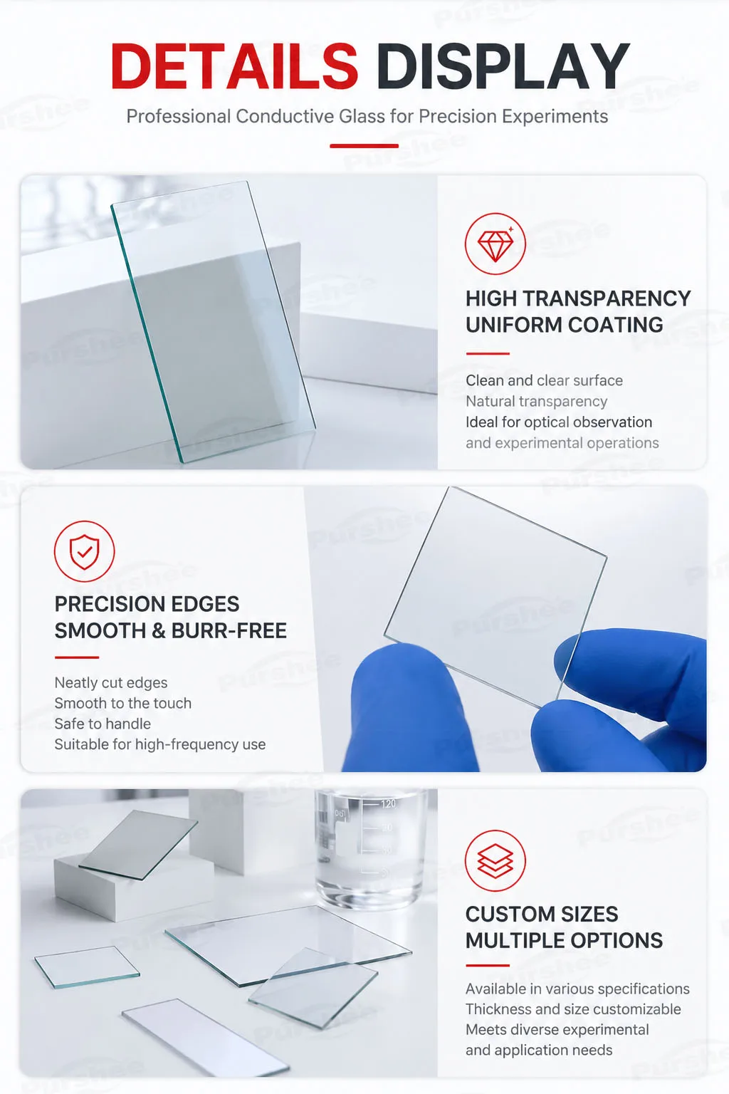 20 Stück FTO-leitfähiges Glas, 1,1/1,6/2,2/3,2 mm Dicke, 7–9 Ω, 13–15 Ω, Schichtwiderstand, mittleres Aluminium-Glassubstrat für das Labor – Detail 8