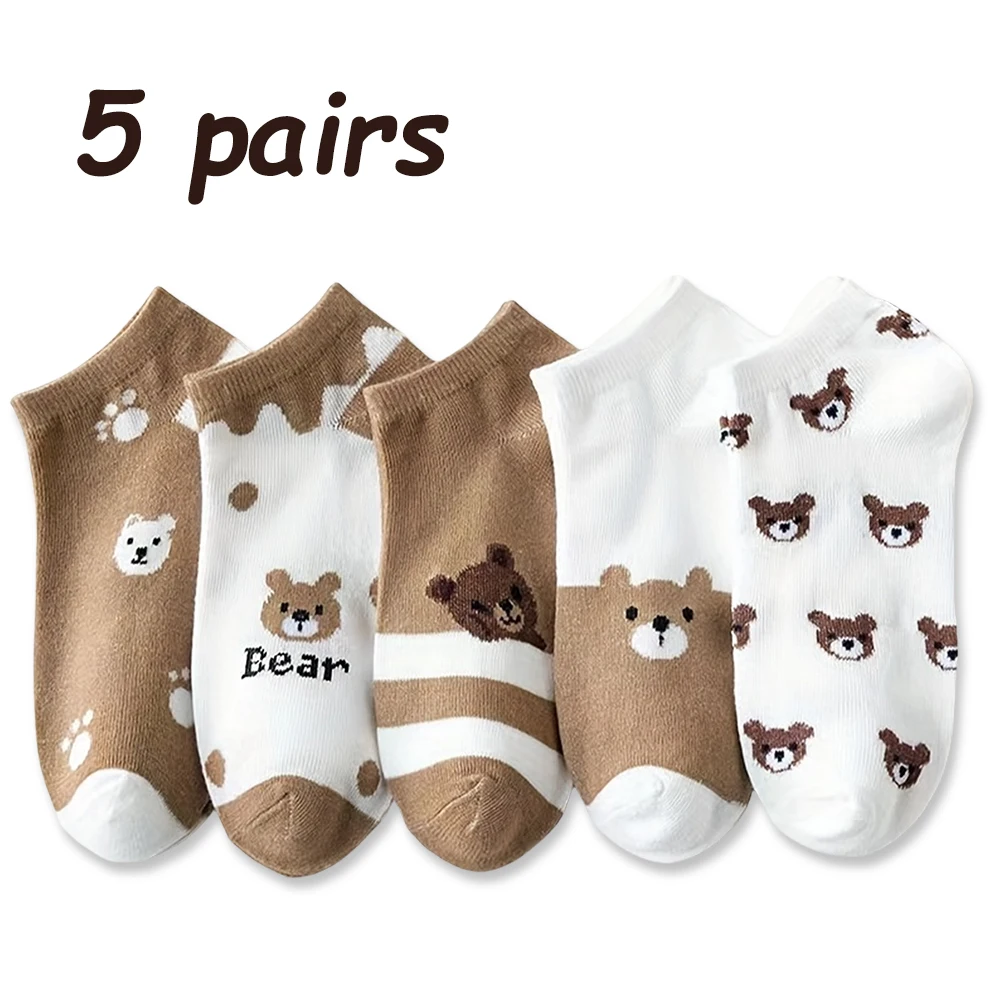 5 Pairs Of Cartoon Bear Pattern Socks Cute And Breathable Ankle Socks Women S Stockings And Socks