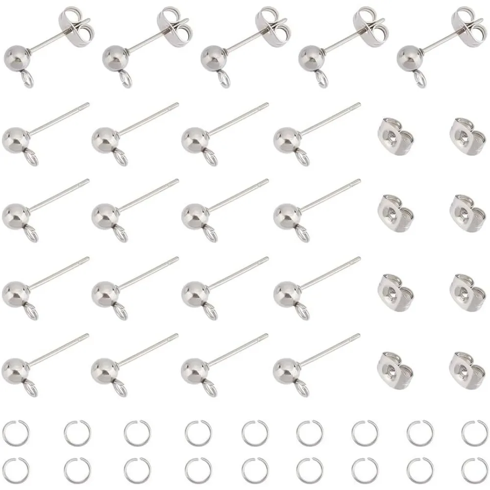 200Pcs Stainless Steel Ball Post Stud Earring Findings Round Hoop Earring Pin 200 pcs Open Jump Rings Hypoallergenic Metal Post