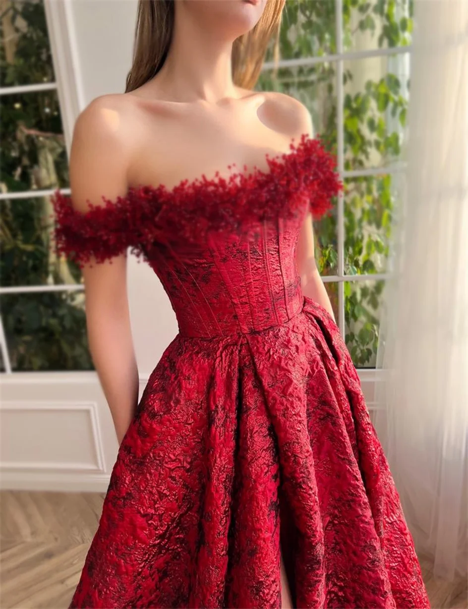 Luxury Red Off the Shoulder A-line Evening Dresses Women Long Printing Flower Corset Side Slit Backless Elegant Prom Dress 2024