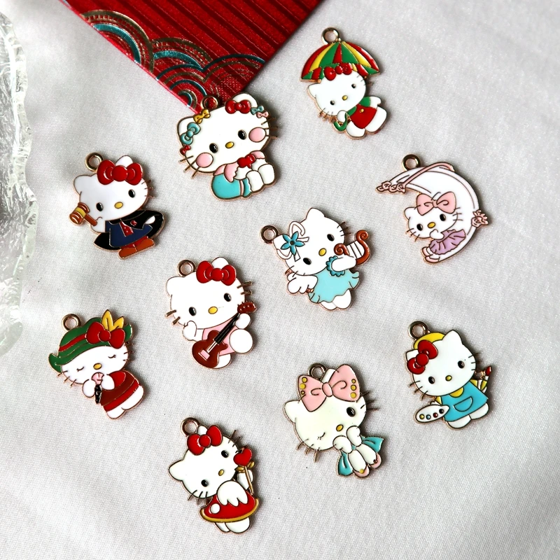 10pcs Hello Kitty Kawaii Metal Pendant Anime Talent Cosplay Cute Alloy Charms DIY Necklace Earings Bracelet Keychain Accessories