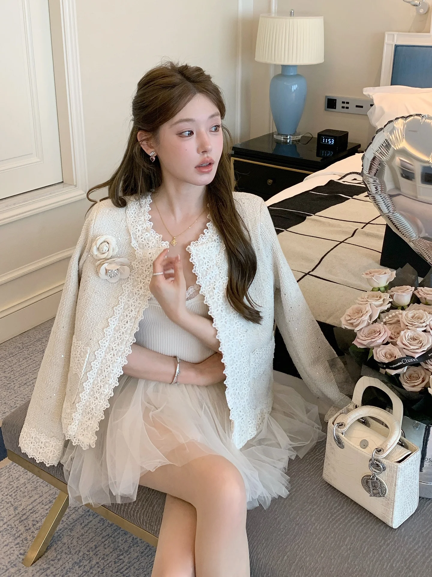 

FanyFloss ort пальто легкий роскошный кружевной твидовый лоскутный костюм с цветочными пайетками для миниатюрных женщин весна осень