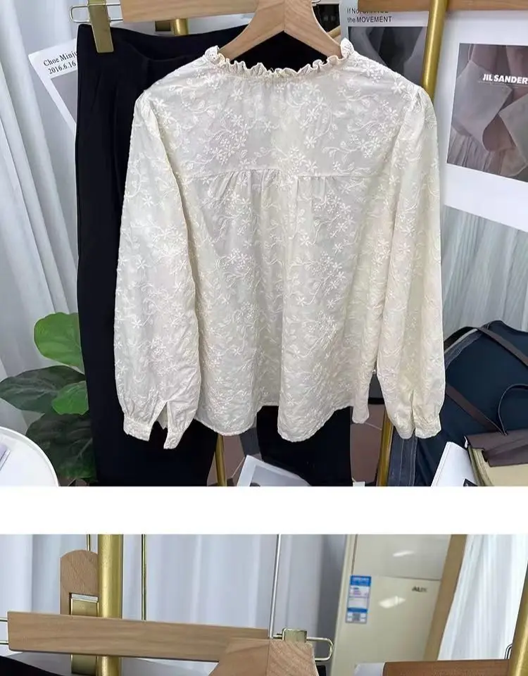 New Loose Lace Pure Cotton Women\'s Top with Lace Embroidery Long Sleeved Shirt