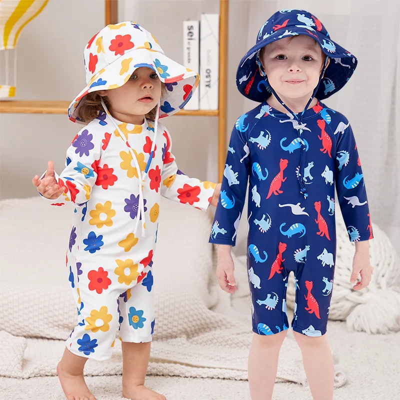 Boys Girls One-piece Swimsuit + Sun Hat Cute Cartoon Print Long Sleeve Sun-protective Quick-dry Surfing Suit Baby Swimwear
