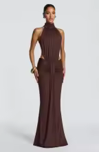 Backless Maxi Dress Halter High Neck Cutout Ruched Mermaid - Chocolate