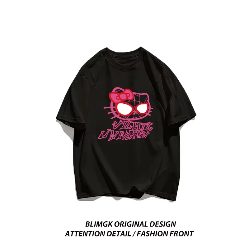 مينيسو أنيمي مرحبا كيتي تي شيرت للنساء الصيف فتاة الكرتون طباعة بلايز عالية الجودة قصيرة الأكمام فضفاضة زوجين عادية تيز #1