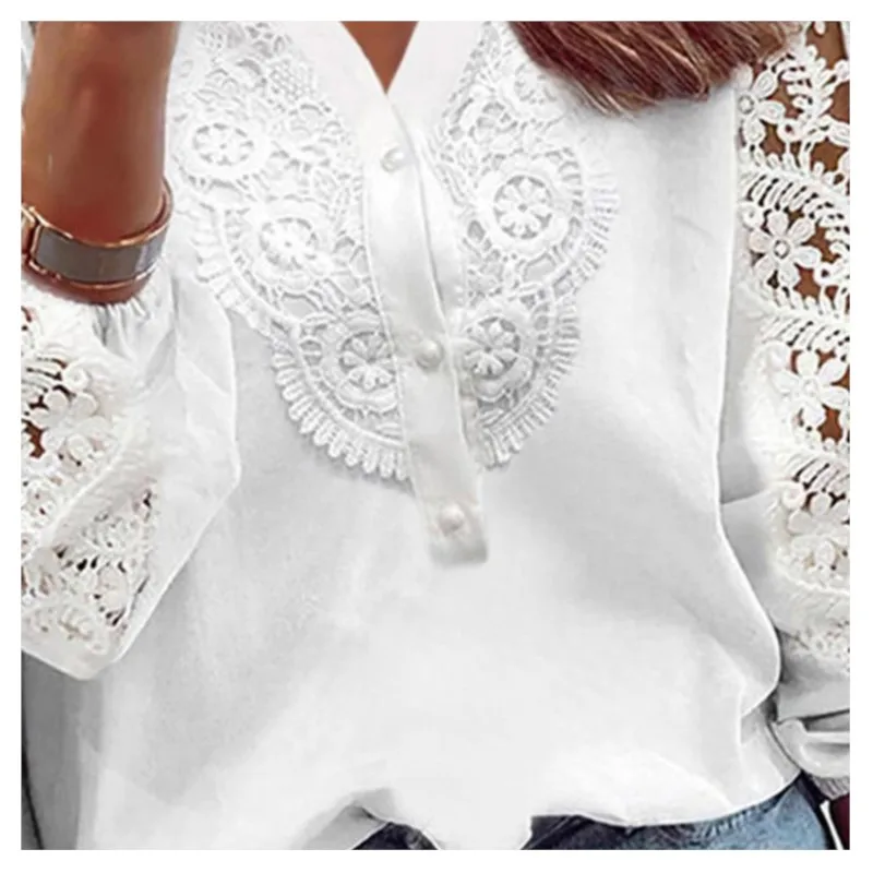 New Elegant Women's Solid Color Shirt Autumn Patchwork Lace Hollow Long Sleeved V-neck Button White Loose Casual Versatile Top