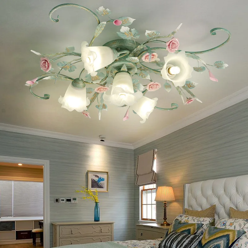 Art deco Restaurant Pastoral ironwork floral surface Lighting Handmade Parlor wedding Rose Lamp Bedroom Iron Flower Ceiling Lamp