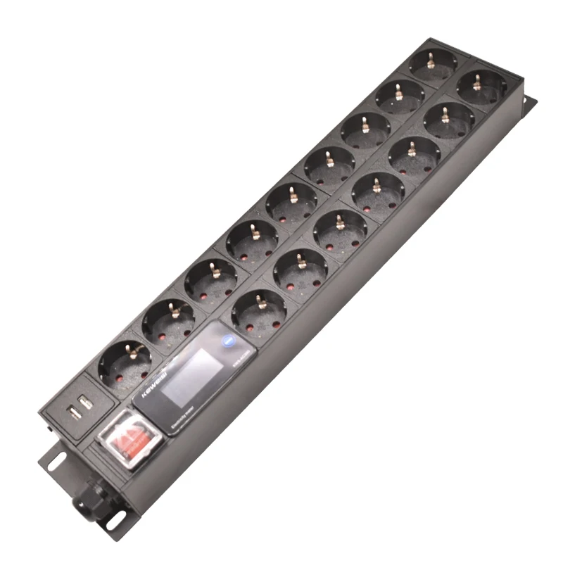 2U 19Inch Power distribution unit PDU power strip Voltmeter Ammeter Power Energy Meter 16 Ways Extenison Socket 2USB